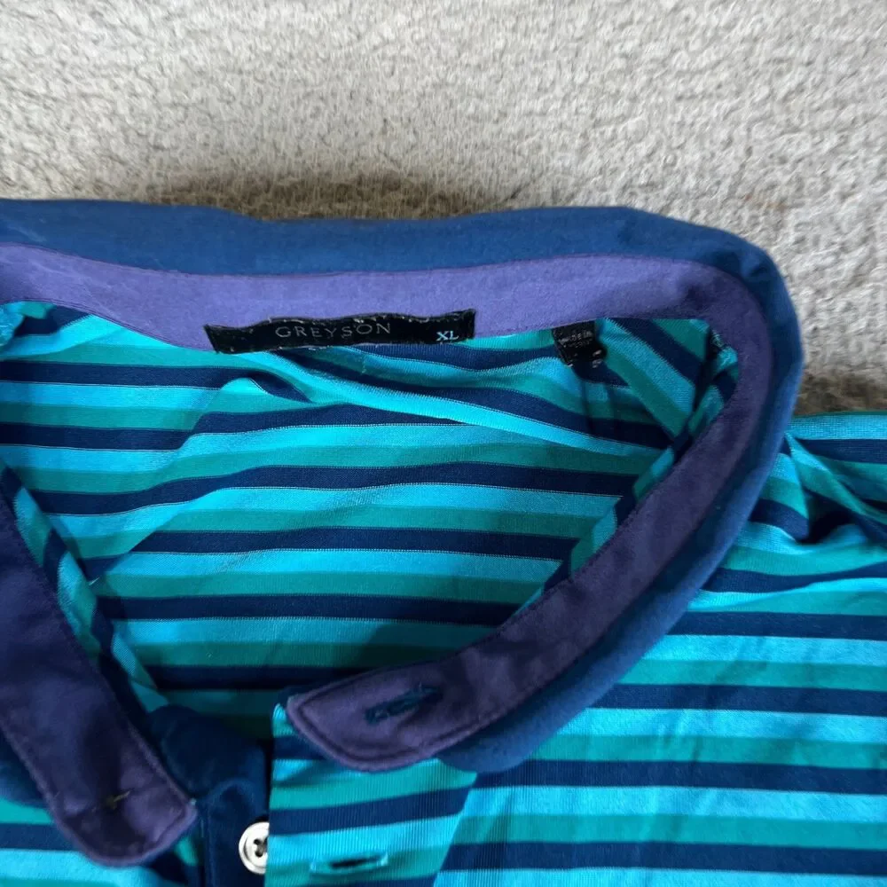 GREYSON Golf Polo XL Blue Green Black Stripe Performance B on Sleeve Wolf Logo - Picture 5 of 11